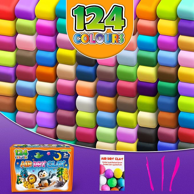 Air Dry Clay, 124 ColorsModeling Magic Clay for Kids | Includes Tools, Soft & Ultra Light, Ages 3-8+ Years, Boys & Girls