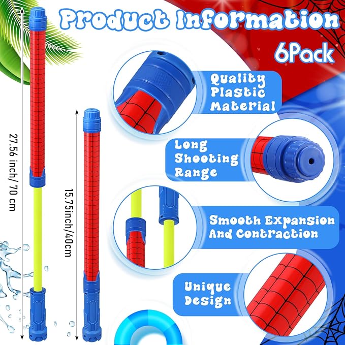 Halloscume 6 Pcs Spider Party Favors for Kids Water Guns Bulk 15.75" Red Spider Web Water Squirters Blaster Shooters for Summer Swimming Pool Beach Cartoon Birthday Gifts Supplies