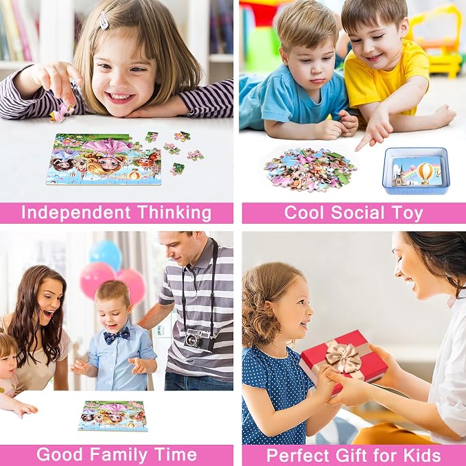 MZZOTOY Princess Puzzle for Kids Ages 4-8, 60 Pieces Jigsaw Puzzles for Kids Ages 3-5， Learning Educational Puzzles Toys Great Gift for Boys Girls in a Metal Box