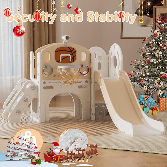 XJD 8 in 1 Toddler Slide Set, Kids Slide for Toddlers Age 1+, Climber Slide PlaySet with Basketball Hoop and Ball,Outdoor Indoor Playground for Toddlers 1-3 (Beige Coffee, 8 in 1)