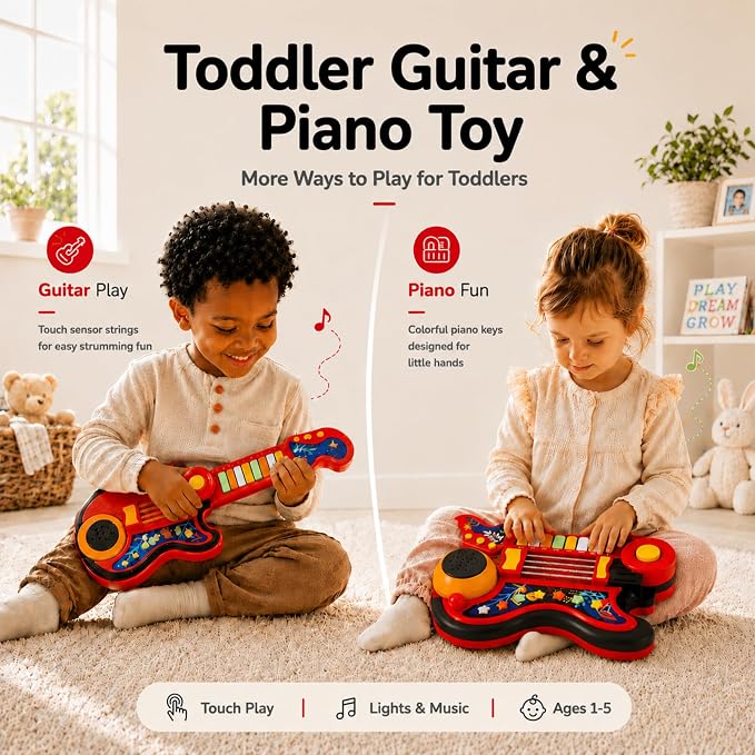 Toddler Guitar Toy for Boys & Girls 1-3, 4-in-1 Touch & Play Kids Guitar Piano Musical Toy with Projector Light, Drum, Lullabies & Volume Control, First Guitar Birthday Gift for Kids & Babies Ages 1-5