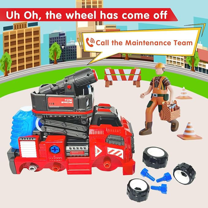 11inches Large Take Apart Toys Fire Truck for Boys Girls Kids 3-5 6-8 Year Old Fire Rescue Vehicles with Electric Drill Set Assembly Toy Learning Educational Toys