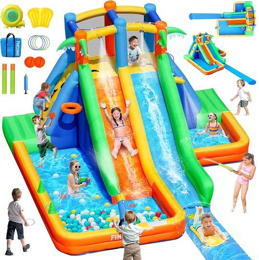 FINCOME Inflatable Water Slide Bounce House with Extend Long Splash Waterslide for Kids Backyard, Blow Up Bouncy Castle Park with 2 Water Pool, Basketball Hoop, Water Cannon for Indoor, Outdoor, Party