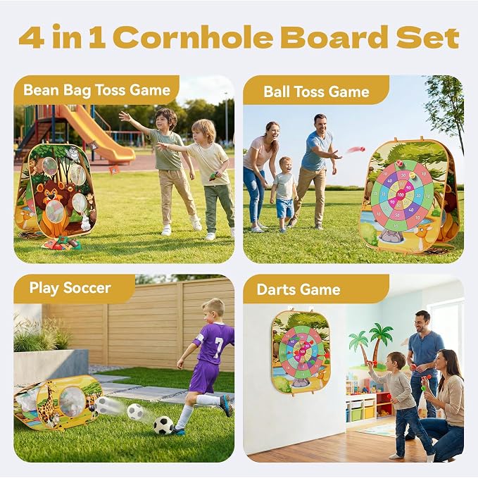 4-in-1 Animal Bean Bag Toss Game for Kids, Cornhole & Dart Board Set for Toddlers, Outdoor Toys for Family Party, Backyard, Beach & Lawn Activities, Gift for Boys and Girls Ages 3 4 5 6 7 8