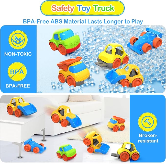 P&C 5 Pcs Toddler Toys Mini Cars for Ages 1-3, Beach Sand Outdoor Small Construction Toy Trucks for Kids 12M+ 1 2 3 4 Years Old Boys and Girls, Great for Birthdays Children's Day