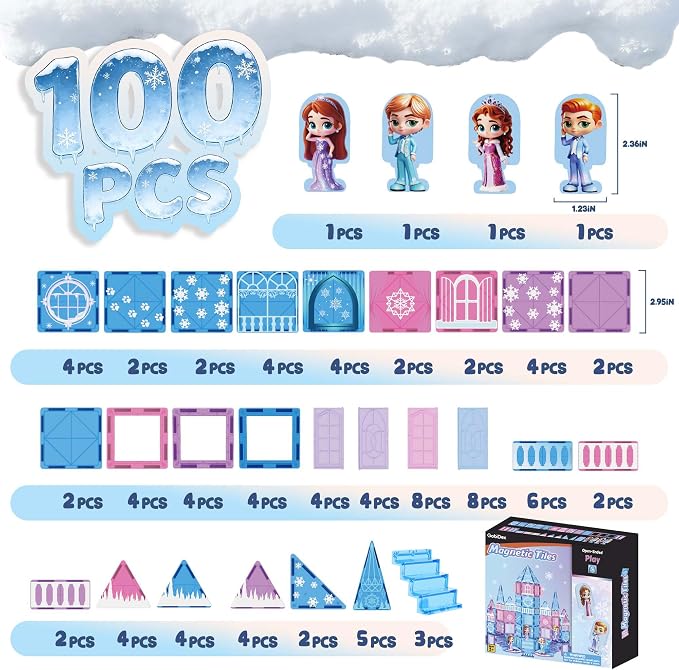GobiDex 100PCS Magnetic Tiles Princess Castle with 4 Dolls & Stairs, Princess Magnetic Building Blocks for Kids Ages 3-5 4-8, Magnets Sensory Toddler Toys Birthday Gifts for 3+ Year Old Girls Boys