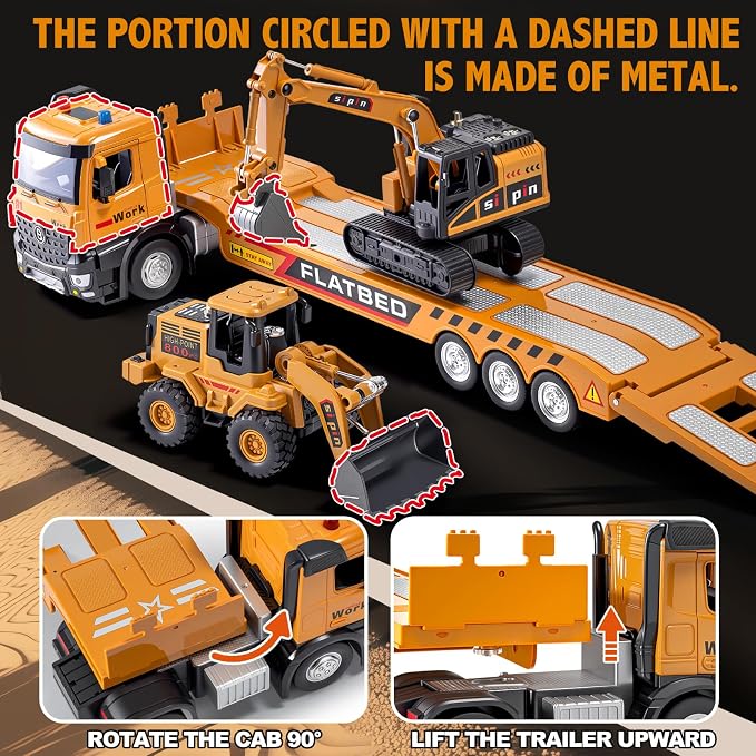 Kids Construction Toy Set Metal Cab, Semi Truck, Excavator, Bulldozer, Die-cast Engineering Construction Vehicles Truck Toys with Lights & Sounds, Ideal Gift for 3 4 5 6 7 Years Old Boys Toddlers