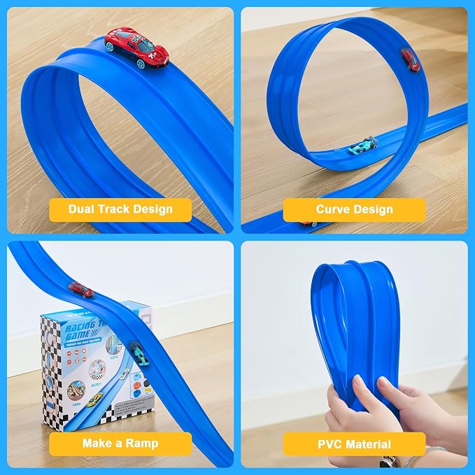 Flexible Race Track for Kids - 15 Ft Flex Track Race Car Tracks with Car Ramp Toy, Fit for Monster Truck Track & Kids' Play Cars, Race Tracks for Toddlers 3+, Gifts for Boys Girls (Dark Blue)