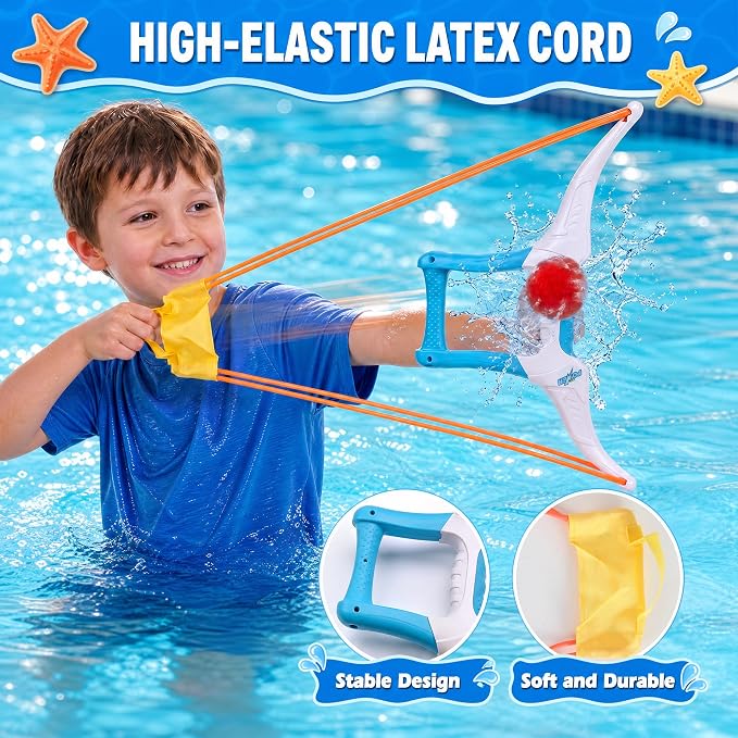 Water Balloon Launcher, 2 Bow Launchers Toy with 24 Pcs Reusable Water Absorption Cotton Balls, Outdoor Summer Yard Water Games and Pool Beach Activities for Family