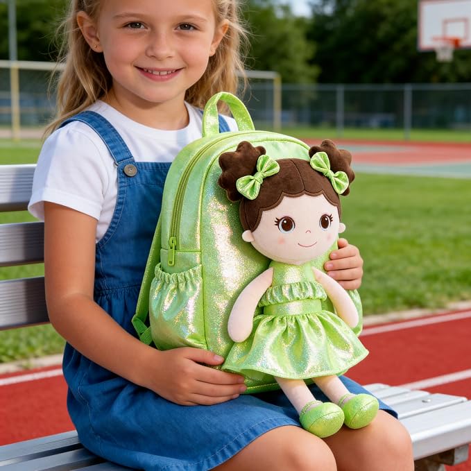 Lazada Toddler Backpack - Baby Girl Gifts Curly Fingerprints Plush Doll Dress Backpack - Fashion Girls Curly Rolled Fingerprints Series - Fluorescent Green 11 Inches