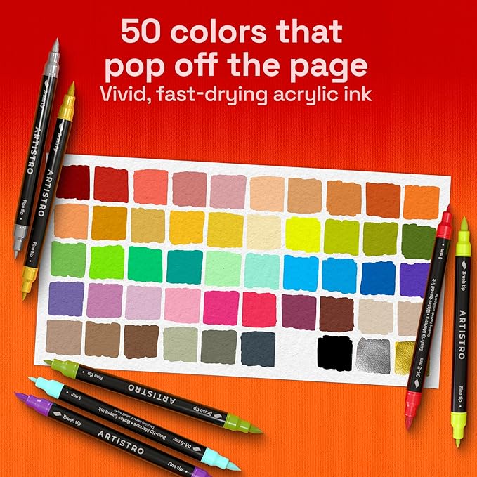 ARTISTRO 50 Acrylic Paint Markers - Paint Pens for Glass Marking, Rock Painting, Ceramic, Wood, Fabric, DIY, Craft, Canvas - Art and Craft Supplies for Adults, Teens, Kids (Brush + Fine Tips)