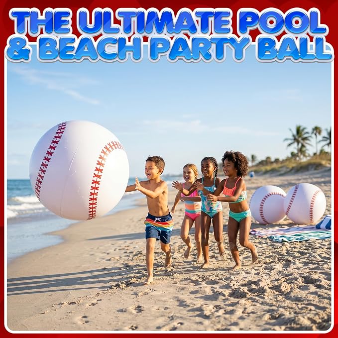 24-Inch Giant Beach Balls - (3-Pack) Inflatable Baseball Beach Balls - Extra Large Blow Up Pool Balls for Kids, Summer Pool Toys, Baseball Party Decorations & Sports Theme Decorations