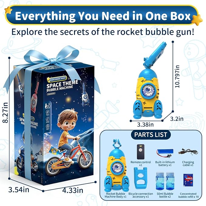 Bubble Gun for Kids, Automatic Rocket Bubble Machine, Handheld & Bicycle Use, Rechargeable Bubble Blower with Solution & LED Light, Summer Outdoor Toy, Gift for Boys Girls Age 3 4 5 6 7 8-12(Yellow)