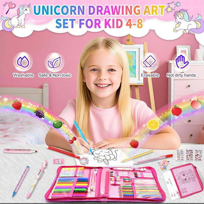 70Pcs Fruit Scented Markers Set - Kawaii Art Supplies with Unicorn Pencil Case, Coloring Set for Kids Include Marker, Pencil, Crayon, Pen, Eraser, Sticker, Unicorn Drawing Kit Birthday Gift for Girls