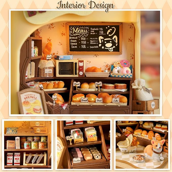 TuKIIE DIY Miniature House Kit with Furniture, 1:100 Scale Creative Room Mini Wooden Dollhouse Book Nook Plus Music Movement for Kids Teens Adults(Bakery Shop)
