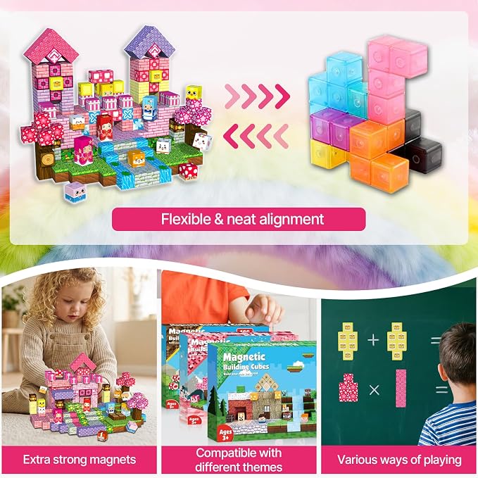 300PCS Magnetic Blocks Building Toys for Kids - 0.8in Magnet Cubes Cherry Blossom Forest Theme Toddler Toys, STEM Preschool Educational Sensory Construction Set, Birthday Gifts for Boys Girls Age 3-8