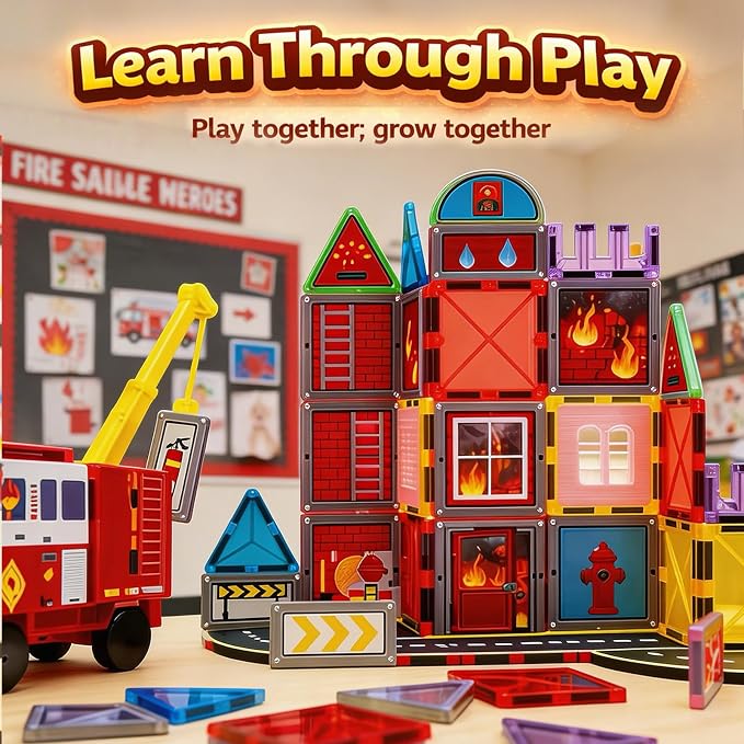 LATI Fire Rescue Magnetic Tiles for Kids,Double-Sided Fire & Rescue Blocks with Fire Truck, Station, Roads & Crane, STEM Magnetic Building Blocks for Boys & Girls Ages 3-8