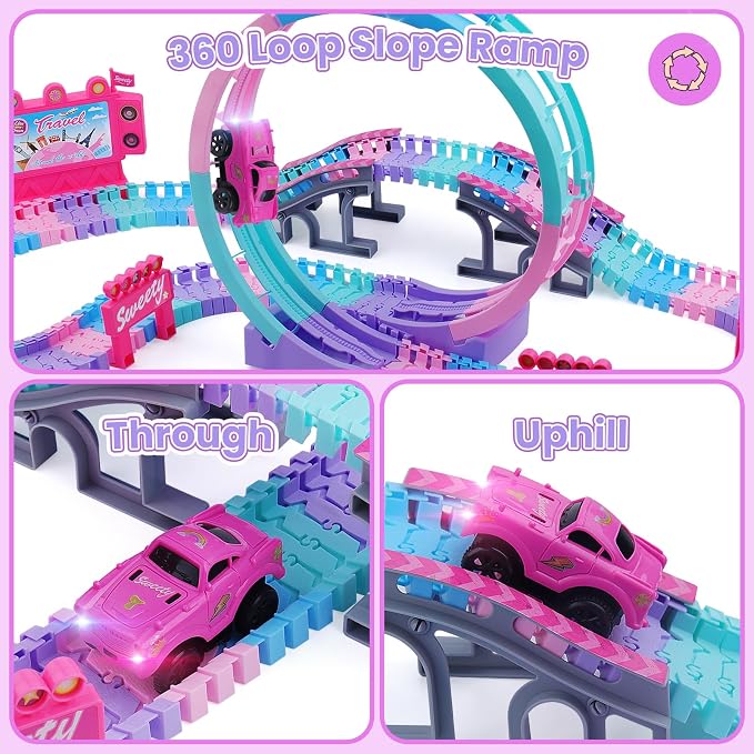 Track Set Magic Toy Car for Kids, 144Pcs Flexible Race Car Tracks with 360 Loop Slope Ramp, Glow in The Dark Car, Construction Tracks Toy Set-Best Birthday Gift for 3 4 5 6 7 8 Years Girls Boys