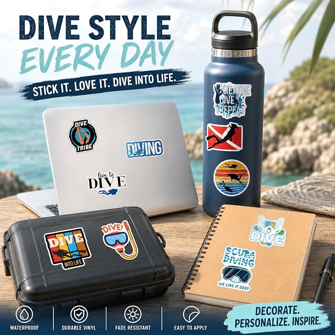 QTL Diving Stickers for Teens Adults, Diving Party Supplies, Waterproof Vinyl Stickers for Water Bottles and Laptop, 55PCS