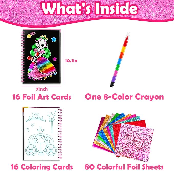 FUNNYB&G Foil Art Craft Kit for Girls 4-10 Years Old: Mess-Free & No-Glue, Create 16 Sparkly Princess Unicorn Pictures – Perfect Travel Toy & Birthday Gift for Kids (Princess)