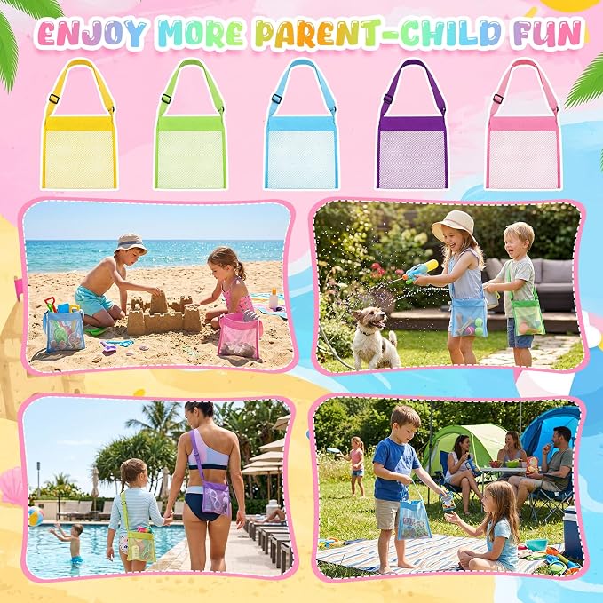 Frienda 15 Pack Mesh Beach Tote Bag, Seashell Bags, Bag Toys Organizer for Holding Beach Children' Toys Market Picnic (9.45 x 9.84 Inch,5 Colors)