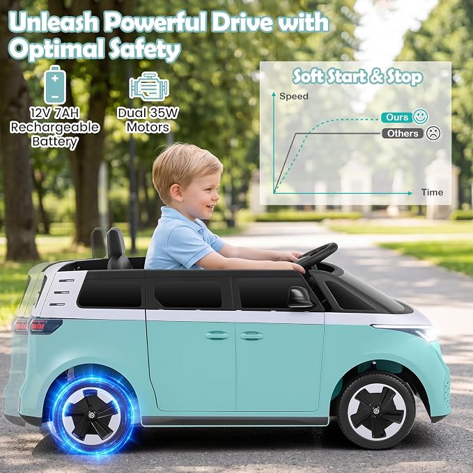 Costzon Ride on Car, 12V Licensed Volkswagen Kids Car Bus with Storage Compartment, Music, Story, Spring Suspension, LED Headlights, Electric Vehicles for Boys Girls Aged 3-7 (Aqua Blue)