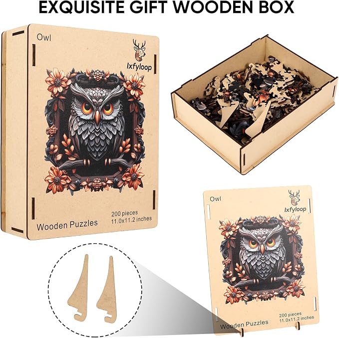 Ixfyloop Owl Puzzles for Adults, Fall Wooden Jigsaw Puzzles 209pcs with Storage Box, Irregular Unique Shaped Animal Adult Puzzles, Puzzle Gift for Family Brain Game, 11.2x10.9 inch