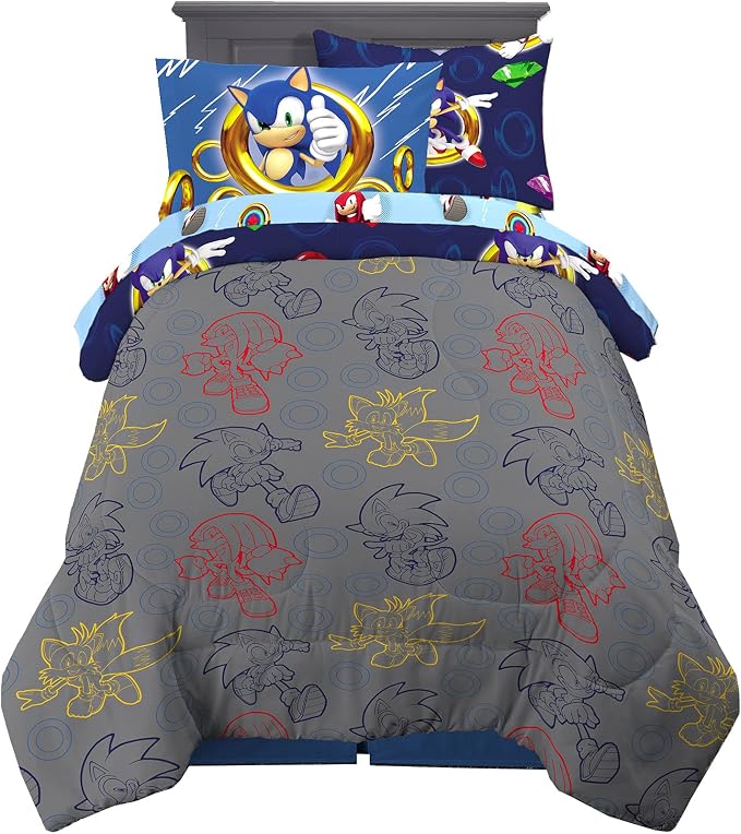 Franco Kids Bedding Super Soft Comforter and Sheet Set with Sham, 5 Piece Twin Size, Sonic The Hedgehog, Anime