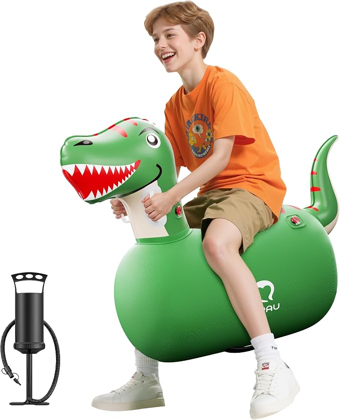 QPAU Infatable Bouncy Toys with Hand Pump, Heavy Duty Giant Bouncy Pal, 220lbs Load Capacity, Ride On Bouncy Animal Hopper Toy, Indoor Outdoor Bouncers for Kids Girls Boys Ages 5+ (Dinosaur, 1 Pack)
