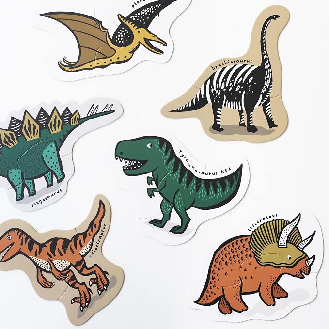 Wee Gallery Dinos Beginner Puzzle - Jigsaw Puzzles for Toddlers - Sensory Toys Promoting Cognitive & Motor Development - Sustainable Learning Toys for Toddler, Kids (12 Pieces, 6 Puzzles)