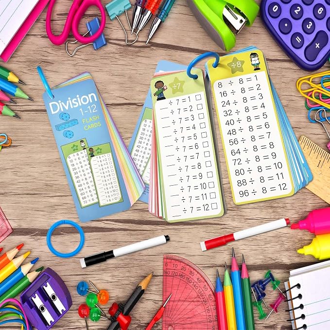 Division Flash Cards 1-12, 15PCS Times Table Flash Cards Chart, with Dry Erase Markers Sorting Ring, 1st, 2nd, 3rd Grades Educational Math Division Game for Kids Classroom Home