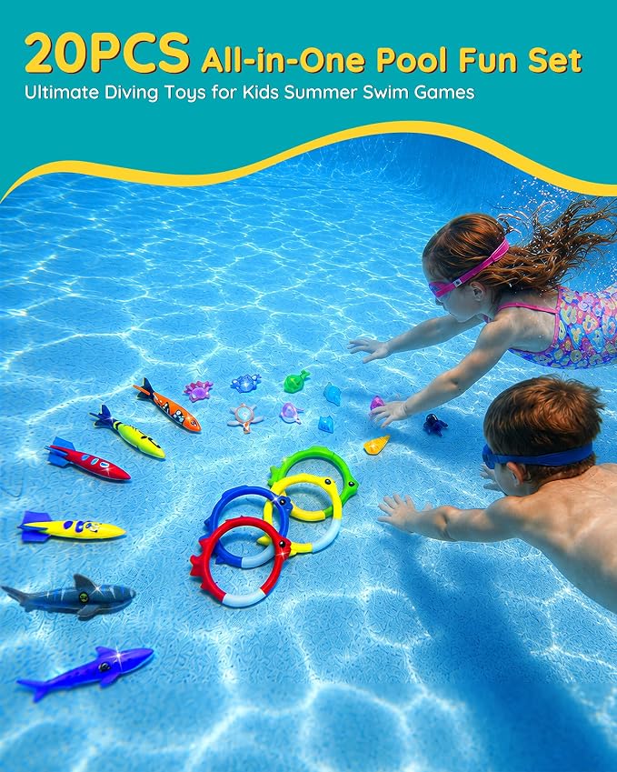 20Pcs Summer Pool Diving Swimming Toys for Kids Ages 3-12, Fun Swim Games Sinking Set, Underwater Dive Gifts with Storage Bag Include Torpedo Gems Shark Rings Sea Animals for Boys Girls Toddlers