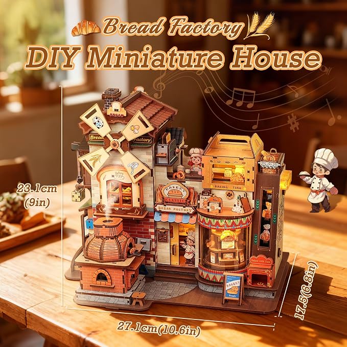 Cutefun 3D Wooden Puzzle for Adults, DIY Miniature Bakery House Kit, Wooden Mechanical Model 576 Pcs Building Kit with LED Light & Music, Creative Craft Gift Home Decor (Bread Factory)