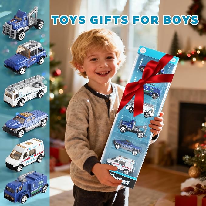 6 Pack Mini Die-cast Car 1/64 Scale Alloy Models Police Vehicle Set for Boys 3-5 6 7 - Ladder, Water Tower, Ambulance, Police Patrol Car & Transport Truck, Patrol - Kids Birthday Xmas Gift