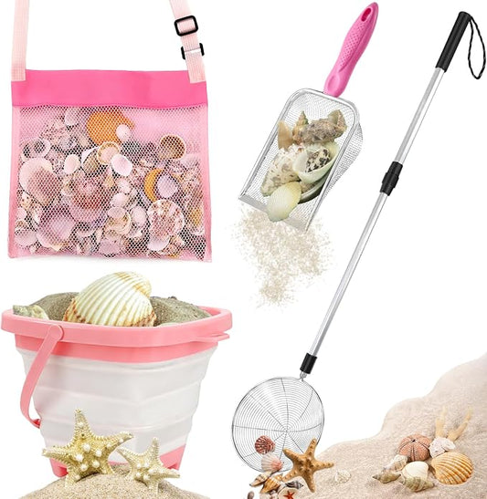 fethwoin Shark Tooth Sifter, Beach Sand Sifter, Sea Shell Scooper for Beach, Shell Bags&Foldable Bucket, Sand Beach Toys for Kids 6 8 10 12, Medium, Pink