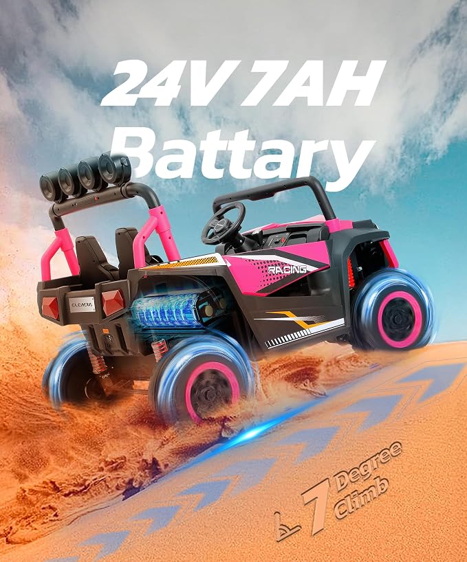 ELEMARA 2 Seater 24V Ride on Toys for Big Kids,Electric Car for Kids w/Parent Remote Control,Heavy-Duty Electric Ride On Truck w/ 4-Wheeler Suspension,5 Mph Max Speed,Bluetooth,Rainbowlight*4,Pink