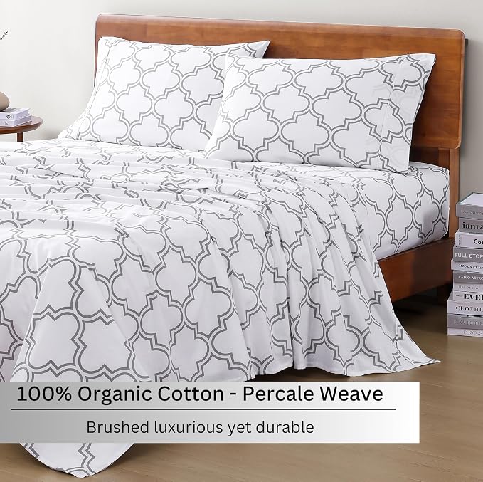 LANE LINEN King Sheets 100% Organic Cotton 4pc Percale Cooling - Trellis | Organic Cotton Percale King Sheet Set - For Hot Sleepers, All-Season Comfort, For Master Bedrooms, Crisp Hotel-Style Feel