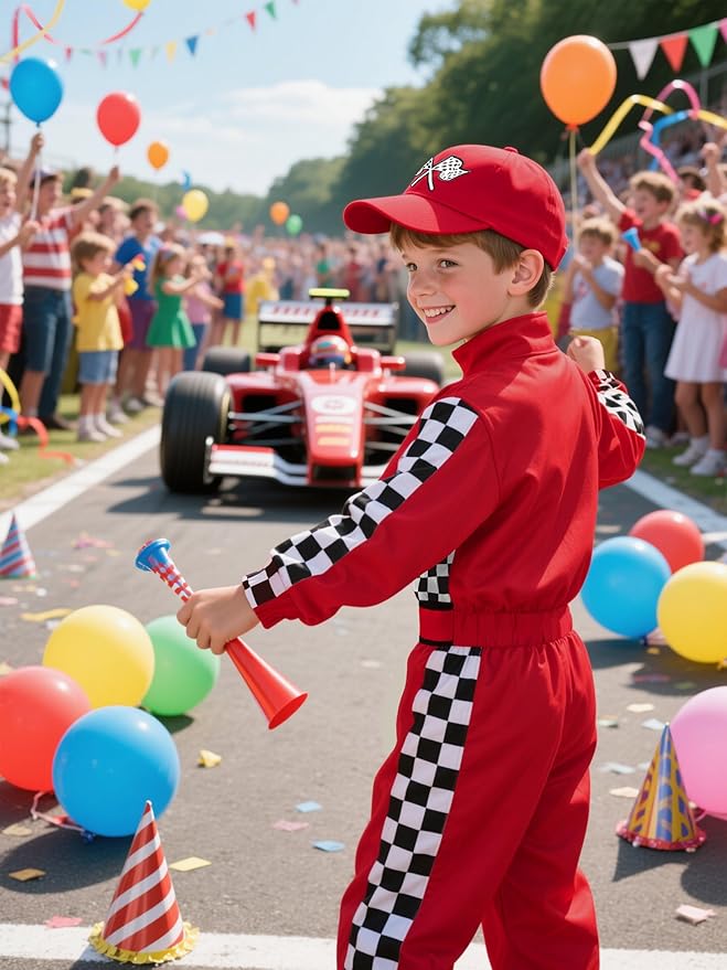 Kids Race Car Driver Costume Boys Girls Racer Jumpsuit With Car Cap Kids Dress Up for Halloween