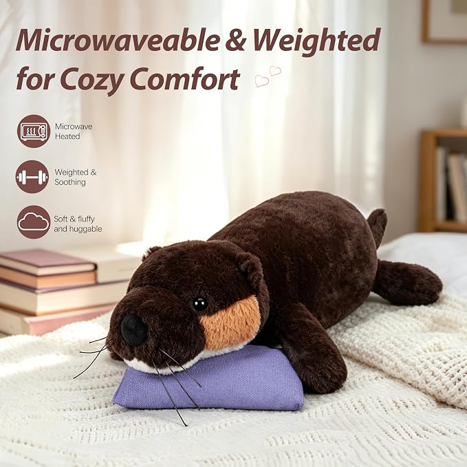 Weighted Otter Stuffed Throw Pillow Soft with Removable Heating Pad, Unscented Heatable & Coolable Otter for Adults (Brown, Large)