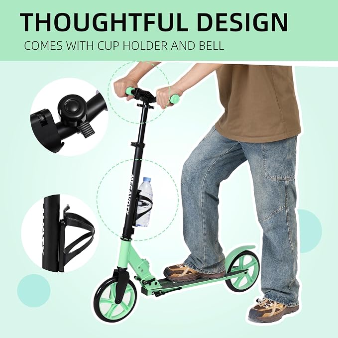 Foldable Kick Scooter for Kids Ages 6-12, Teens & Adults. Non-Electric Scooter with Big Wheels, Adjustable Height, Rear Foot Brake. Lightweight Design for Daily Commute & Outdoor Riding