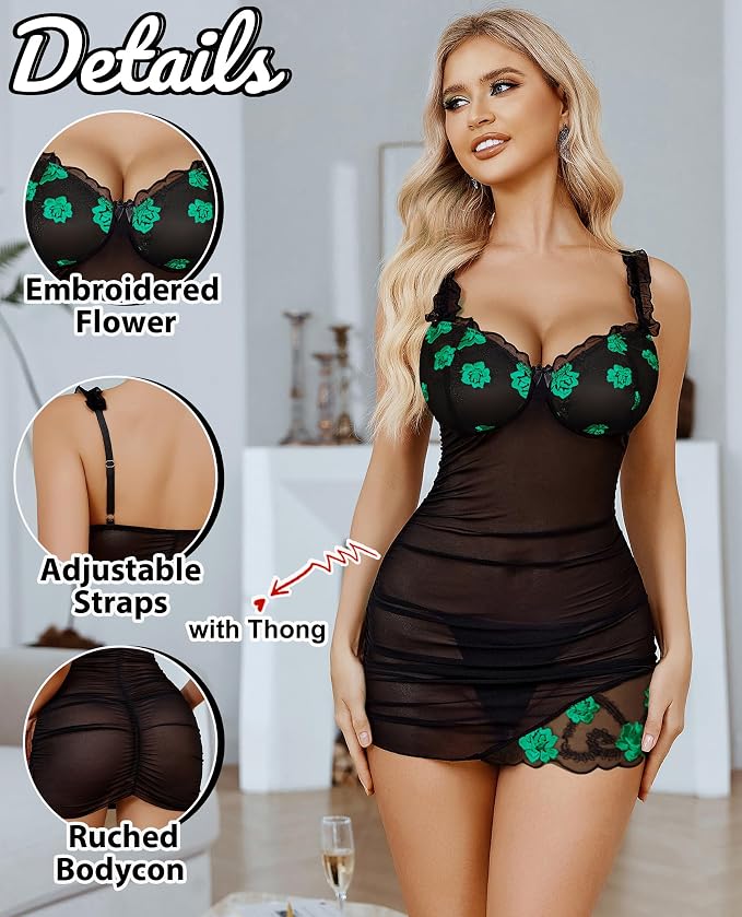 Avidlove Lingerie for Women Mesh Babydoll Lingeries Lace Chemise Floral Sleepwear Dress Sheer Exotic Boudoir Outfit S-XXL