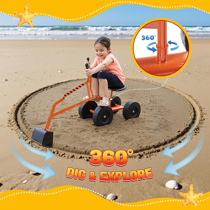 Albott Ride On Sand Digger Excavator Toys Working Crane with 8 inches Wheels and 360° Rotation Seat (Orange)