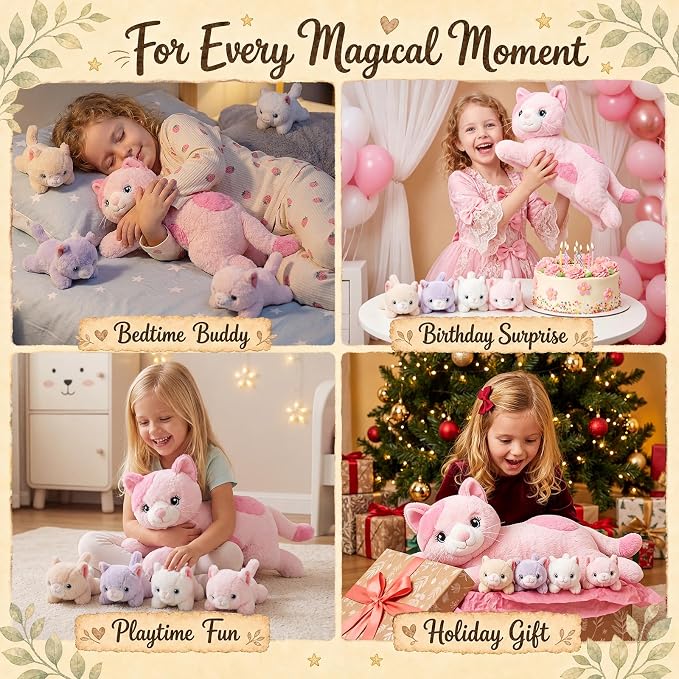 gnomantic Cat Stuffed Animals with Babies Inside, Mommy Toy for Kids | 5-Piece set: 1 mommy cat + 4 baby kittens inside. Unzip belly to reveal surprise babies. Ultra-soft, ages 3-8.