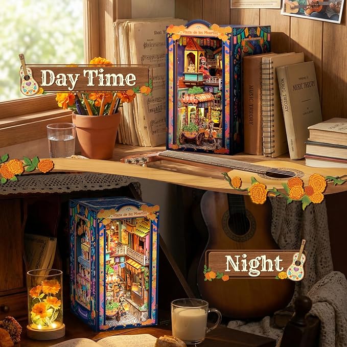 CUTEBEE Book Nook Kit - DIY Miniature House Kit for Adults, 3D Wooden Puzzle Bookshelf Insert Decor, Day of the Dead Booknook, Mexican Folklore LED Miniature Kit, Unique Gifts (Plaza de Los Muertos)