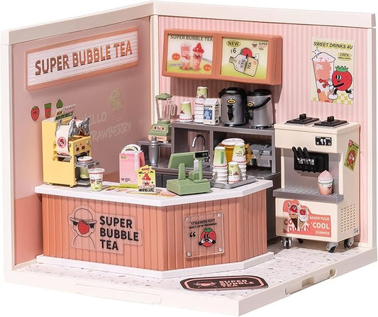 Rolife Super Creator DIY Miniature House Kit, Blind Box Display Home, No Glue Plastic Click-Assembly Stackable Room Box Toy with Type-C LED Light (DW006 Double Joy Bubble Tea)