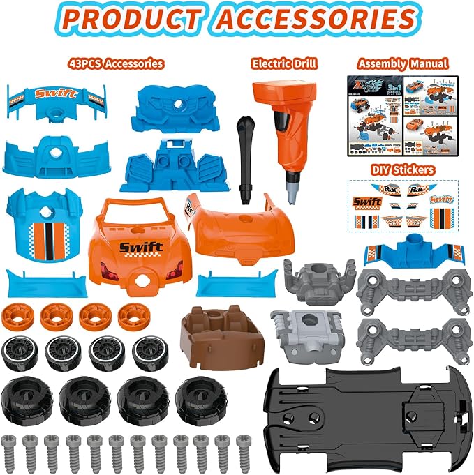 Pup Go 3-in-1 Take Apart Car for Boys Ages 3 4 5 6 7, Building Toys with Electric Drill, 43 Pcs Construction Toy Truck, Build Your Own Car with Play Tools, Ideal STEM Gift for Kids Children (Orange)