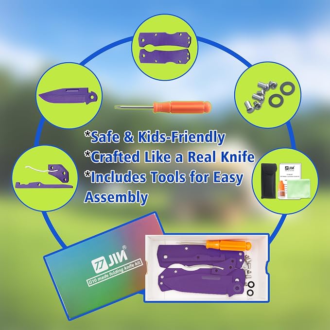 JIN Alpha Safe Pocket Knife, DIY Making Kit, Fake Knives for Starters, Dull G10 Blade, Folding EDC, Purple G10 Handle, Camping Tool