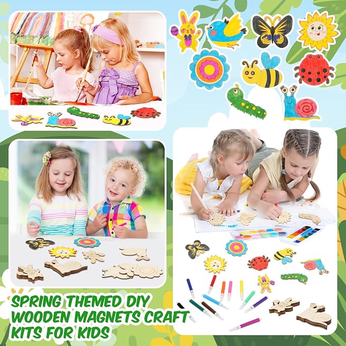 Blueweenly 72 Sets DIY Wooden Magnets Craft Kits for Kids Wooden Supplies Craft Painting Kit for Kids Activities Party Favors for Boys Girls Easter Basket Stuffers Birthday Party Gifts (Summer)
