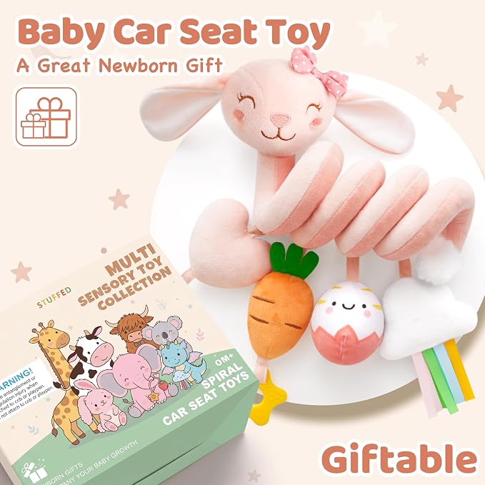 Stuffed Pink Bunny Spiral Car Seat Toys for Babies 0-6 Months, Infant Stroller Toy with Plush Carrot & Star Teether Hanging, Baby Registry Search & Shower Gifts for Newborn Girls