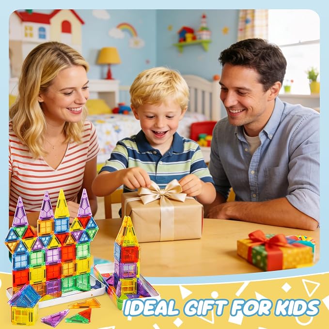 cossy Mini Magnetic Tiles, 60 PCS Magnet Tiles Travel Toys with Iron Box, Travel Magnetic Tiles for Restaurant, Car & Plane Play, Toys for 3 4 5 6 7 8 Year Old Boy and Girl